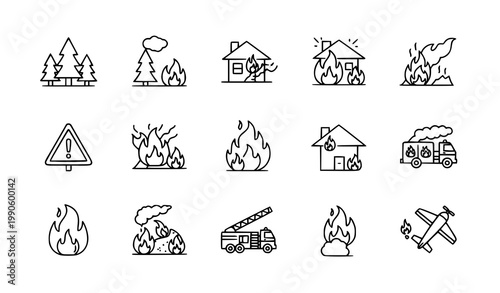 Wildfire bushfire icons set vector thin line forest fire burning house firefighting truck plane pictograms isolated white background