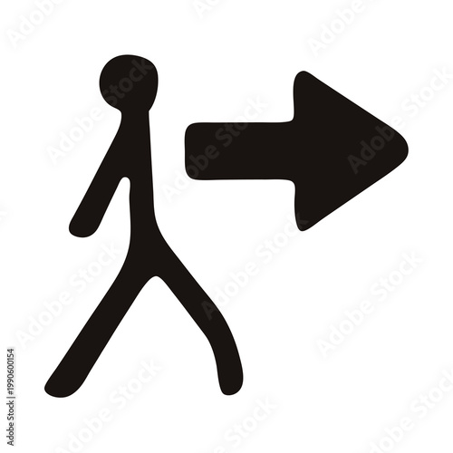 Stylized person or figure walking towards a direction indicated by an arrow