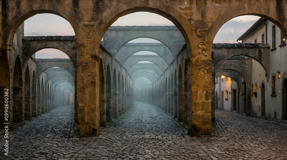 Obraz premium Perspective View of Ancient Stone Archways over Cobblestone Street in Old European Village with Misty Atmosphere