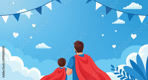 A heartwarming illustration depicts a father and child both wearing red capes gazing at the sky with wonder and joy
