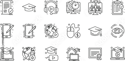 Online education and digital learning line icon set featuring courses certification technology and academic training concepts collection