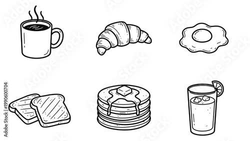 Hand Drawn Breakfast Icons Set: Coffee, Croissant, Egg, Toast, Pancakes, Juice. Doodle Morning Meal Elements.