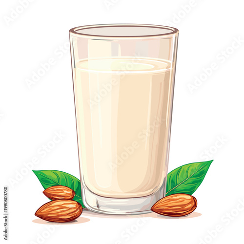 glass of fresh healthy almond milk isolated vector illustration