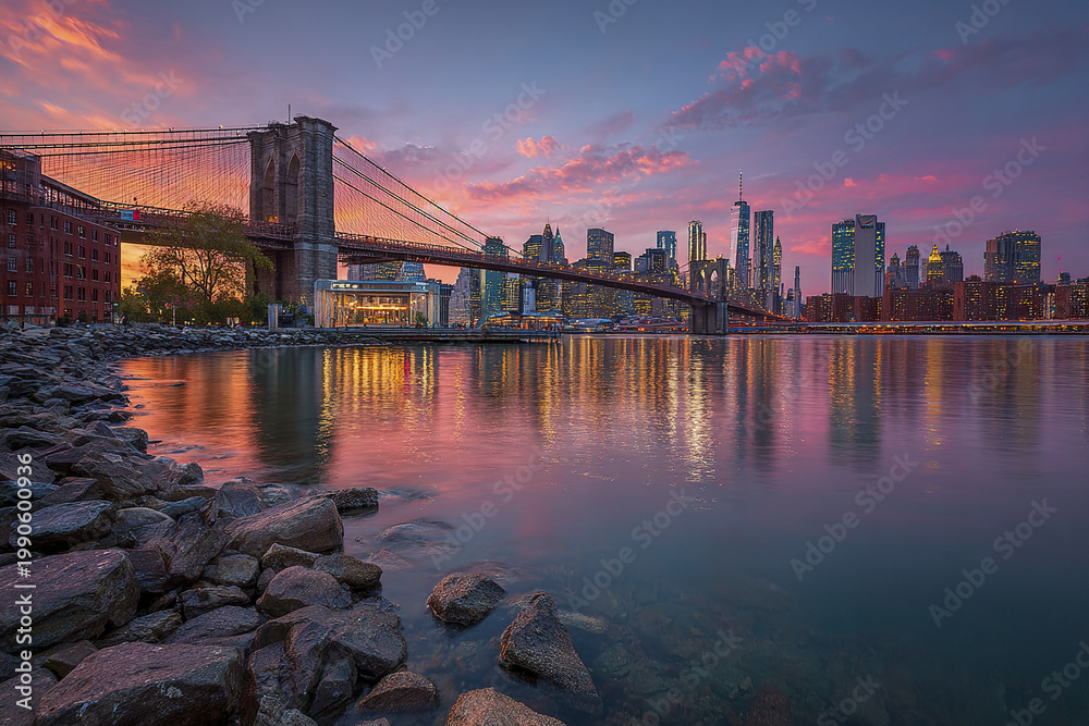 Fototapeta premium NYC cityscape panorama at sunset with Brooklyn Bridge and colorful sky reflecting on water, rocky shore in foreground, urban skyline glowing warmly in evening light