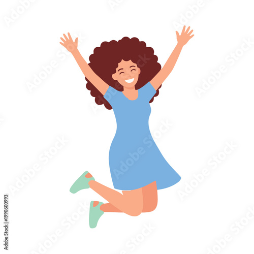 Energetic and happy young woman cartoon character cheerfully leaps into the air with outstretched arms, celebrating success and embodying pure joy and excitement