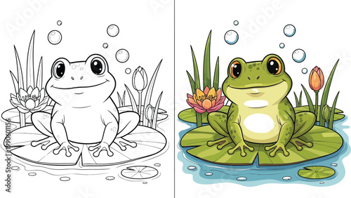 Colorful frog on lily pad and silhouette: a charming amphibian illustration