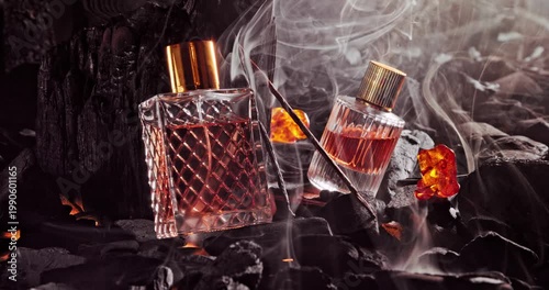 Unique incense perfume on a hearth with wood and amber.