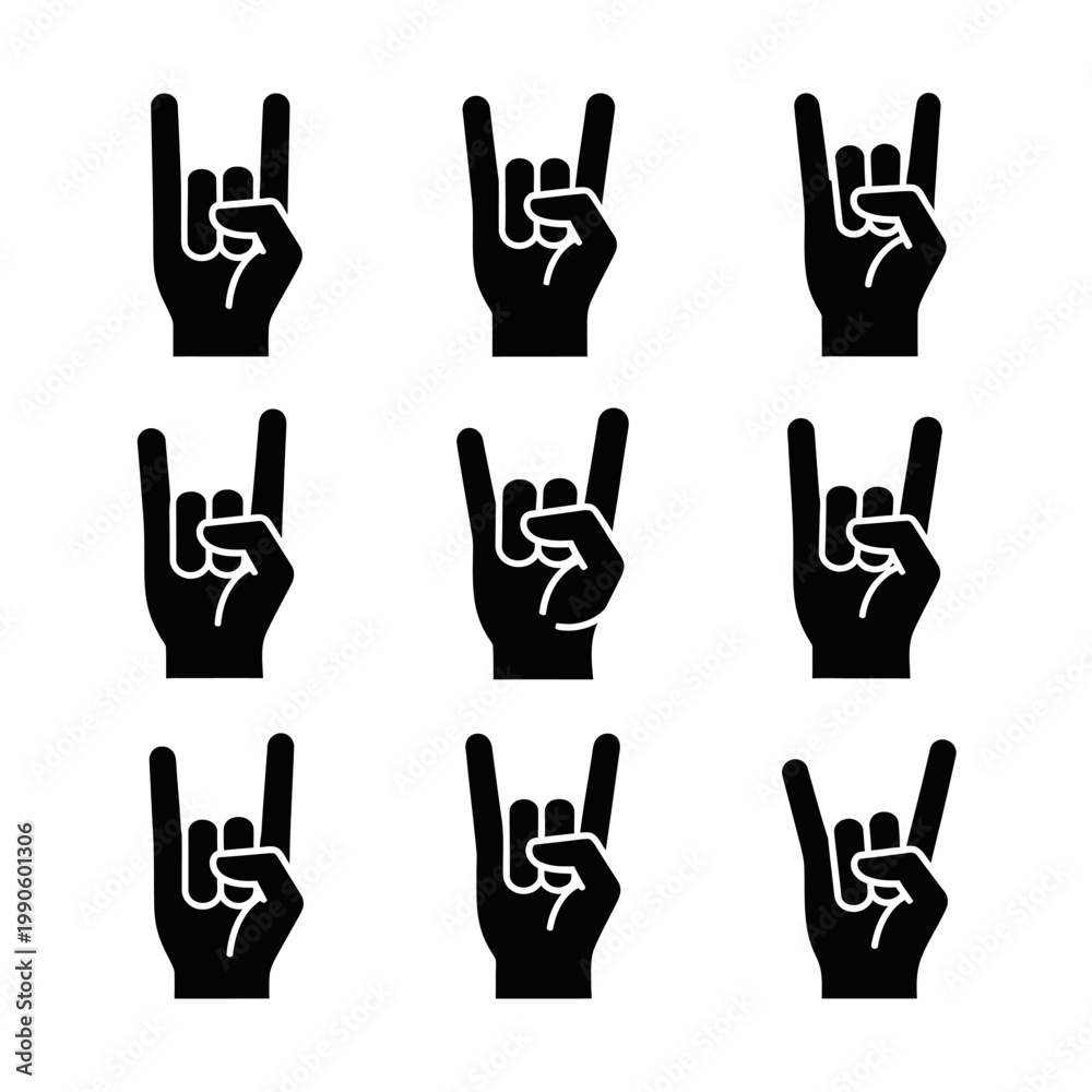 Fototapeta premium Rock On Hand Gesture Icon Set, Heavy Metal Music Symbol, Silhouette Collection