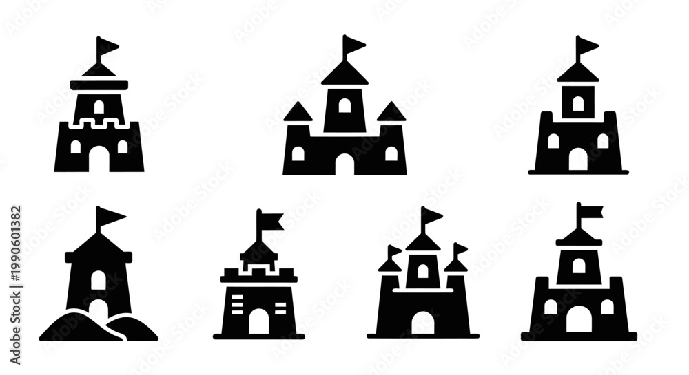 Fototapeta premium Set of Black Sandcastle Icons: Simple Vector Illustrations of Fantasy Castles