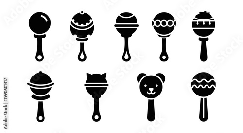Set of Baby Rattles Icons, Black and White, Isolated on White Background