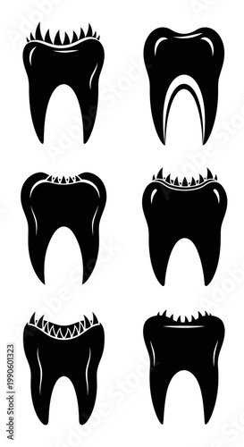Set of Black and White Molar Tooth Icons, Dental Health and Hygiene Concept
