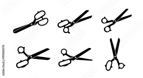 Set of Black Scissors Icons: Open, Closed, and Cutting Blades
