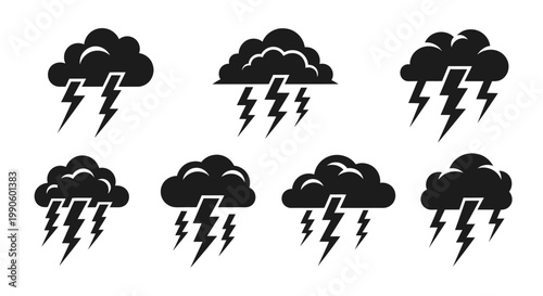 Set of Black Storm Clouds with Lightning Bolts Icons, Weather Icons