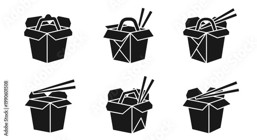 Takeaway Food Boxes with Chopsticks Icons Set, Asian Cuisine Delivery