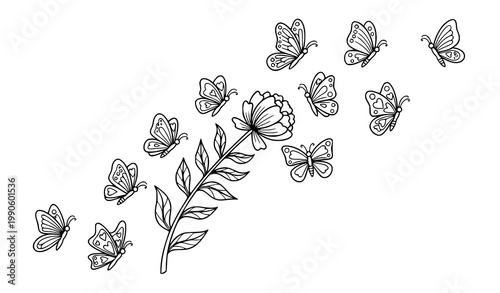 Whimsical butterfly swarm with floral stem coloring page vector illustration for kids activity