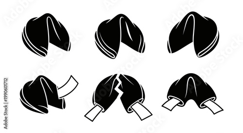 Fortune Cookies Set: Whole, Opened, With Paper Slip, Black and White Icons
