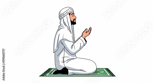 A praying man in white traditional robes kneels on a green prayer rug, raising hands in devotion
