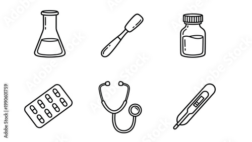 Medical and Science Line Icons Set. Healthcare Equipment, Laboratory Tools, Pharmacy Supplies, Stethoscope, Pills, Thermometer