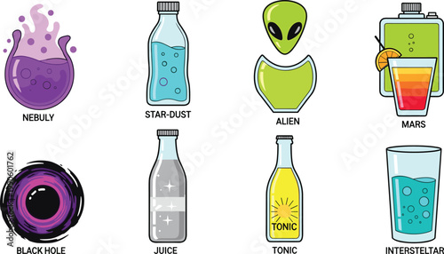 Floral Infused Beverage Vector Illustration Set Featuring Lavender Soda Hibiscus Tea Rose Petal Juice Cucumber Mint Cooler and Sunflower Garnished Drinks for Garden Menus