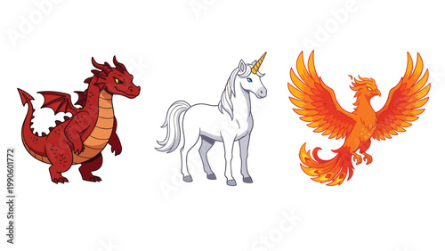 Cartoon Mythical Creatures Set: Dragon, Unicorn, Phoenix Illustrations