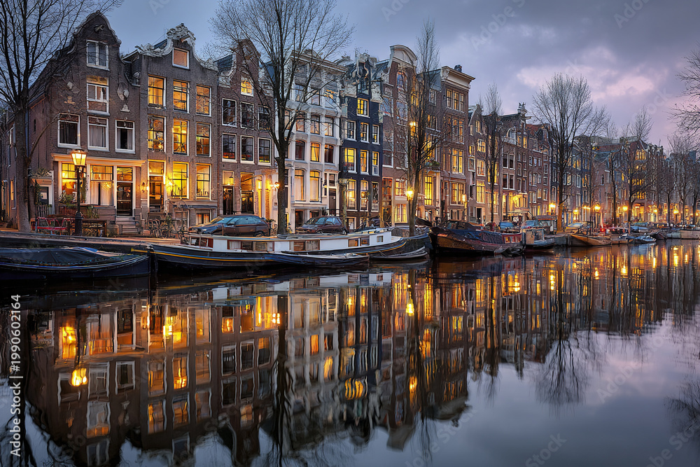 Obraz premium Panoramic canal cityscape at blue hour with traditional narrow houses and boats reflecting on calm water, creating peaceful and charming evening atmosphere in city