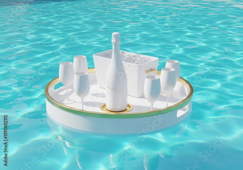 Luxury floating breakfast tray in swimming pool with white champagne bottle and glasses