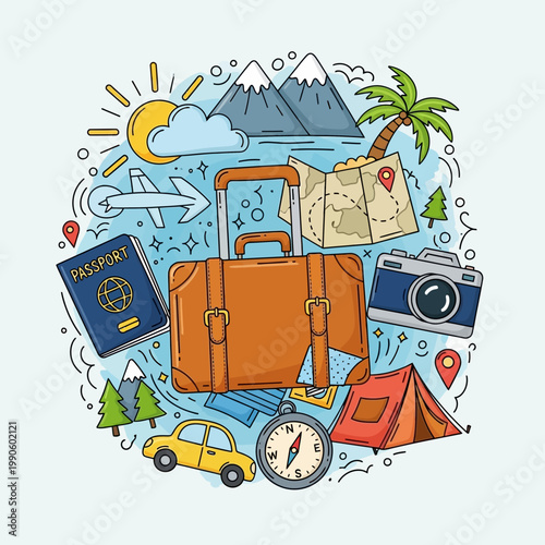 Travel and Adventure Doodle with Suitcase and Vacation Elements.