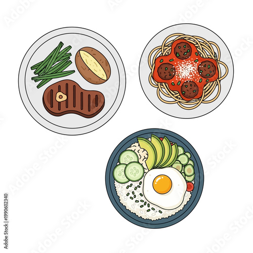 Three diverse meals presented on plates including steak and potatoes spaghetti and meatballs and a poke bowl.