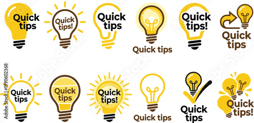 Quick tips light bulb icons collection illustration, creative idea symbols set with glowing bulbs and helpful advice concept designs