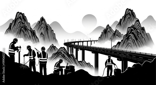 Construction workers building an elevated pipeline through mountainous terrain.