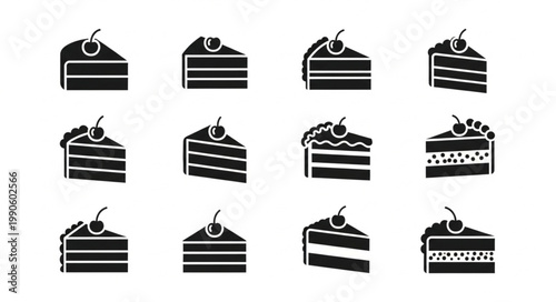 Collection of Black Cake Slices Icons with Cherries on Top.