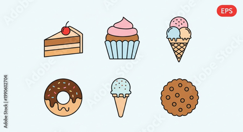 Collection of Sweet Dessert Icons Including Cake Ice Cream Donut and Cookie.