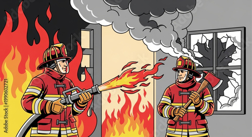 Firefighters Battling a House Fire with Hose and Axe.