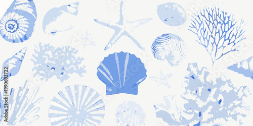 Blue and white illustration of various seashells and marine life