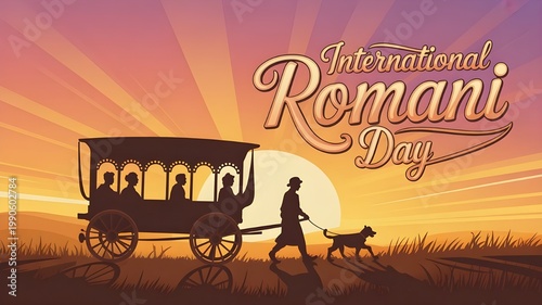 Vibrant illustration of people dancing and playing music to celebrate International Romani Day with cultural symbols and colorful decorations.