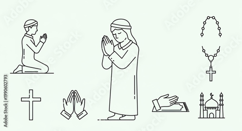 Religious symbols and figures praying in prayer pose.