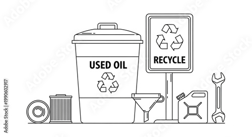 Used oil recycling bin with automotive parts and tools.