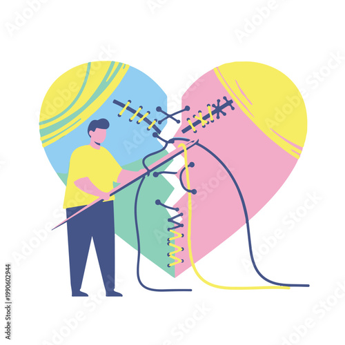 Man diligently mending a fractured heart with needle and colorful thread, symbolizing emotional healing, resilience, and personal recovery from heartbreak