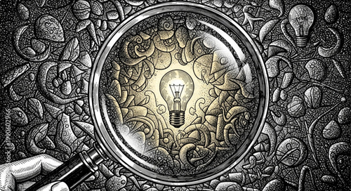 Magnifying glass over a glowing light bulb representing an idea.