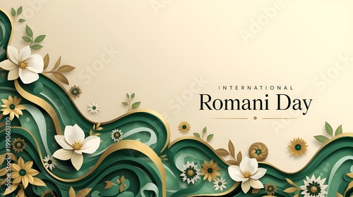 International romani day celebration with green and gold ribbons and flowers