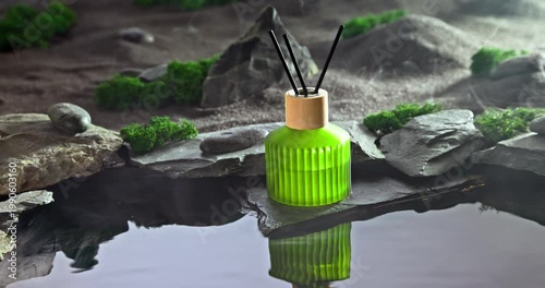 Intense fragrance diffuser on black stones illuminated by moonlight.