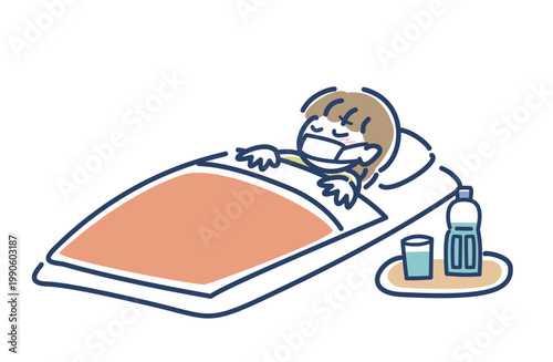 体調不良で寝込んでいる女性のベクターイラスト