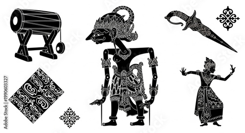 Traditional Indonesian Wayang Kulit Shadow Puppets and Gamelan Drum.