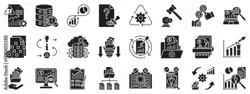 Data analytics and business intelligence line icon set. Solid black icon including data management, data mining, audit, approval, bidding, auction, processing, research, governance, cloud computing