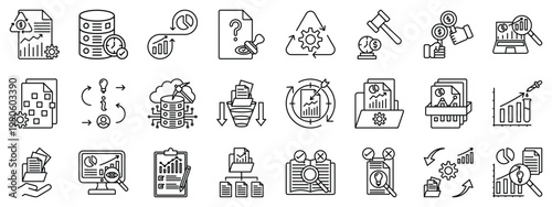 Data analytics and business intelligence line icon set. Including data management, data mining, audit, approval, bidding, auction, processing, research, governance, real time computing