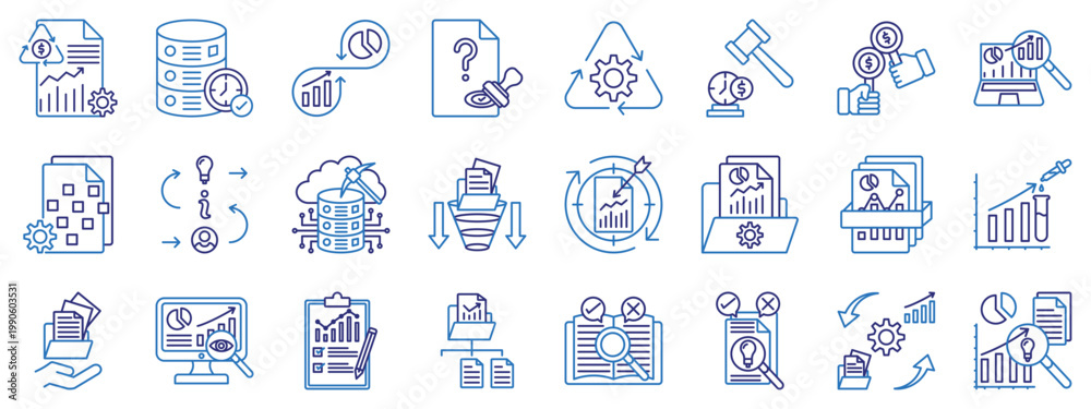 Fototapeta premium Data analytics and business intelligence line icon set. Line color icon including data management, data mining, audit, approval, bidding, auction, processing, research, governance, cloud computing