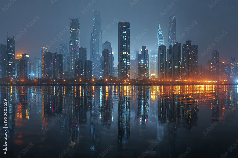 Fototapeta premium Panoramic futuristic city skyline at night with illuminated skyscrapers reflecting on calm water, creating moody and atmospheric urban scene with stormy clouds above