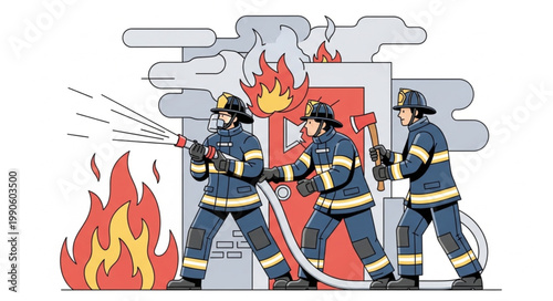 Firefighters Battling Blaze in Building Illustration.