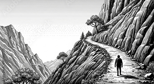 Lone hiker walks on a winding mountain path.