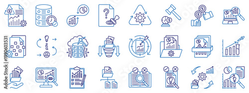 Data analytics and business intelligence line icon set. Line color icon including data management, data mining, audit, approval, bidding, auction, processing, research, governance, cloud computing